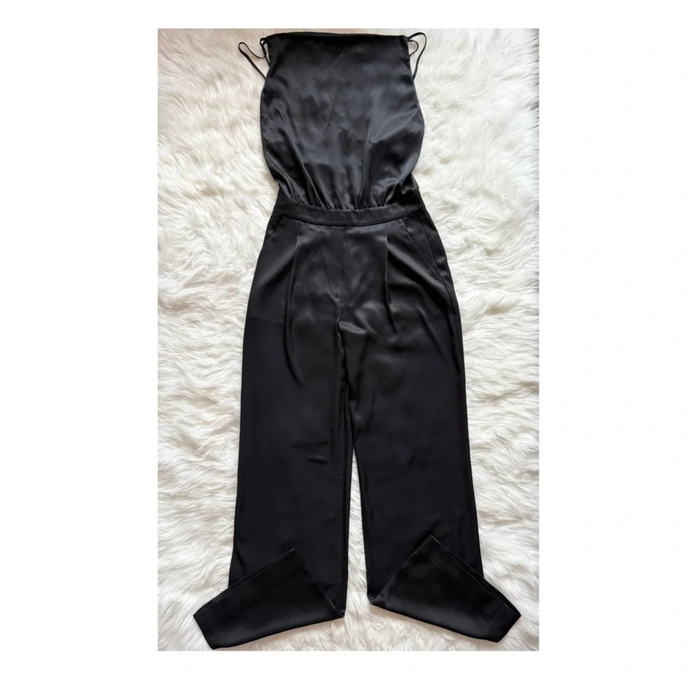 New! REISS Malia Cowl Neck Open Back Satin Jumpsuit In Black - Picture 6 of 11